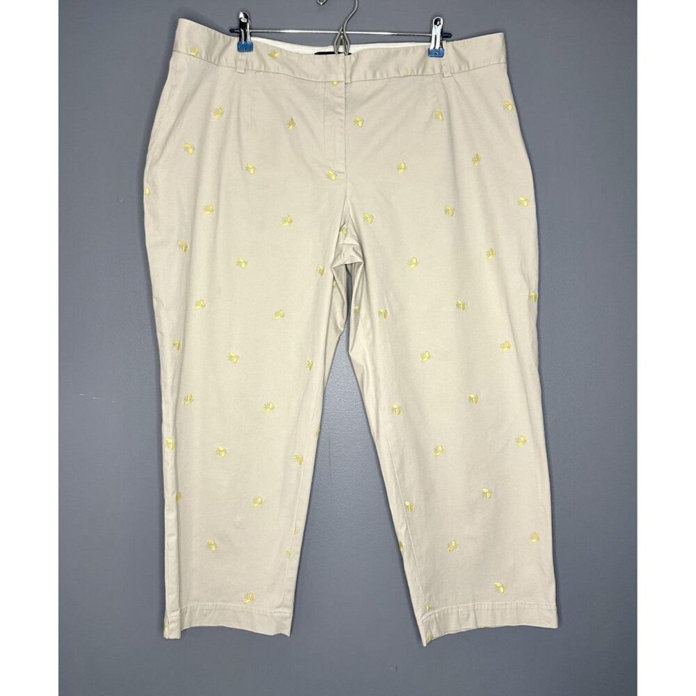 Talbots Pants‎ 18W Khaki Lemon Print Embroidered Chino Ankle Cropped Heritage